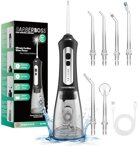 BarberBoss Munddusche, fortschrittliche tragbare Munddusche, elektrische Zahnseide für effektive Zahnreinigung, umfassendes Zahnpflegeset, kabelloses Mundduschengerät, Modell QR-7025 (schwarz)