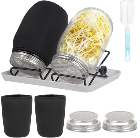 KITDAHOM 2 Stück Sprossenglas - Keimglas 32oz - Glasmaterial - Inklusive hochwertigem Edelstahl-Gitterdeckel, Ständer, Kunststofftablett - Für Microgreens Anbau - Für Zuhause, Küche, Garten (Schwarz)