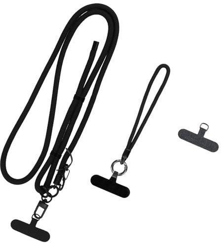 Kioiner 2 PCS Adjustable Phone Lanyard with 3 Universal Patches, Nylon Neck Strap, Durable Wrist Strap for Most Smartphones, Perfect for Outdoor & Travel- Black