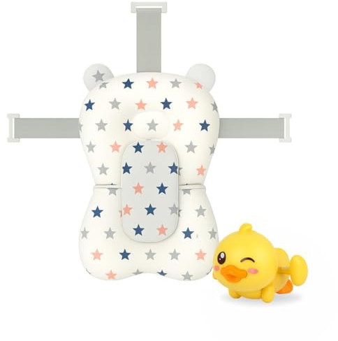 BATHBY | Cojín para Bañera de Bebé – Asiento Ergonómico Ajustable y Portátil con Malla Antideslizante, Almohada Reductora, Hamaca de Ducha con Diseño de Estrellas (Patito)