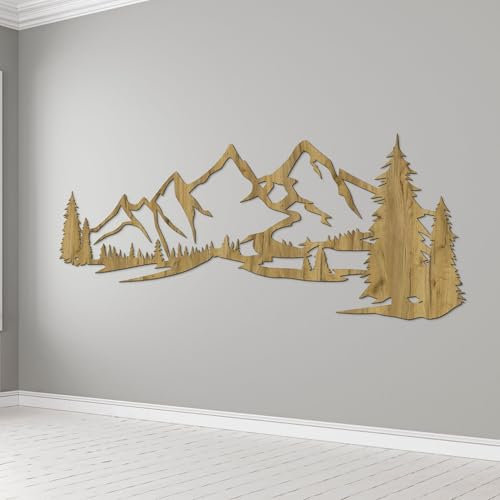 SENTOP HDF0414 Wanddekoration aus Holz – Wandbild Berge & Wald – Natur Holzdeko für Wohnzimmer, Schlafzimmer & Büro – Handgemachte Wandkunst aus Eiche (Goldeiche, 70 x 26 cm)