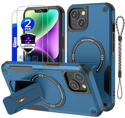 for iPhone 13 Case/iPhone 14 case[Compatible with MagSafe][with 2*9H Tempered Glass Screen Protector], Built in Invisible Stand, Not fading，Shockproof Protective Phone Cover 6.1-inch(Blue)