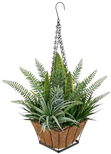 Arborus Artificial Hanging Plants in Basket 55cm Faux Snake Plants Fern Succulent Mix with Coconut Fiber Liner Metal Bucket Pot Fake Hanging Plant for Indoor Outdoor Porch Patio Balcony Home Décor