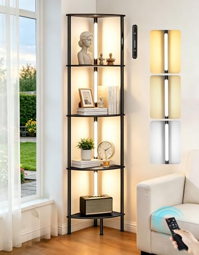 OUTONLIFE LED-Stehlampe mit Regal, Touch- & Fernbedienung, 360° drehbare Lichtstangen, dimmbar, 3 Farbtemperaturen, 1-Std.-Timer, modernes Eck-Bücherregal für Wohnzimmer, Schlafzimmer, Büro
