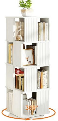 YOSHOOT 4-stufiges 360°drehbares Bücherregal, 129.3 cm großes drehbares Standregal aus Holz, Lagerregal für Arbeitszimmer, Schlafzimmer, Wohnzimmer, 45 * 45 * 129.3 cm (weiß)