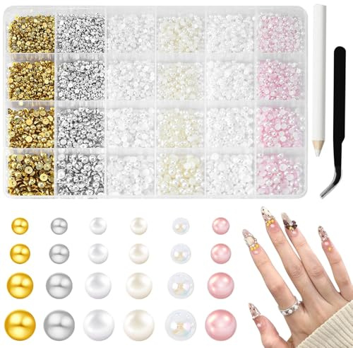 10000Pcs Nail Pearls, Flatback Pearl Charms for Nails Design in 6 Colors & 4 Sizes, Include Tweezers for DIY Manicure, Shoe Decor, Crafting Accessories