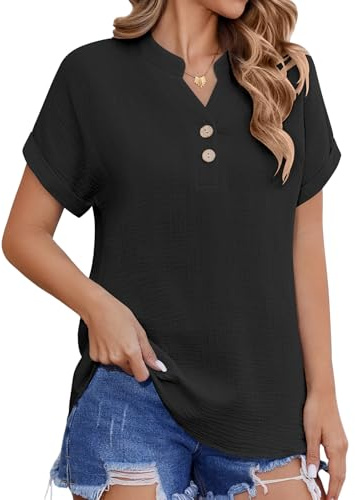 heekpek Camicia Estiva Donna Blusa Elegante Cotone Camicetta Manica Corta Casual Scollo a V Camicie Moda Tinta Unita Classico Top Estive T Shirt con Bottoni