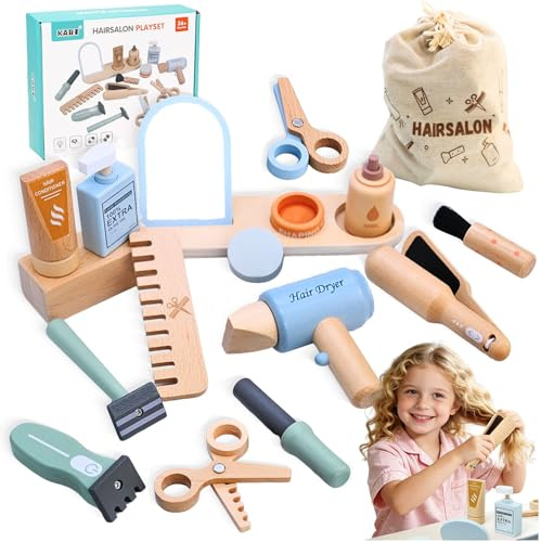 Juego de maletas de madera para niñas – Juguetes para niños – Caja de herramientas de peluquería con plancha alisadora peine espejo y accesorios de peinado, juguete de belleza de maquillaje