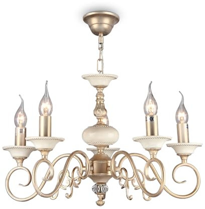 MAYTONI DECORATIVE LIGHTING Eleganter Vontage Kerzen Kronleuchter, Gold Weiße Lackierung, offene Bauform, 5-flammig, höhenverstellbar, exkl. E14 60W, 220V-240V