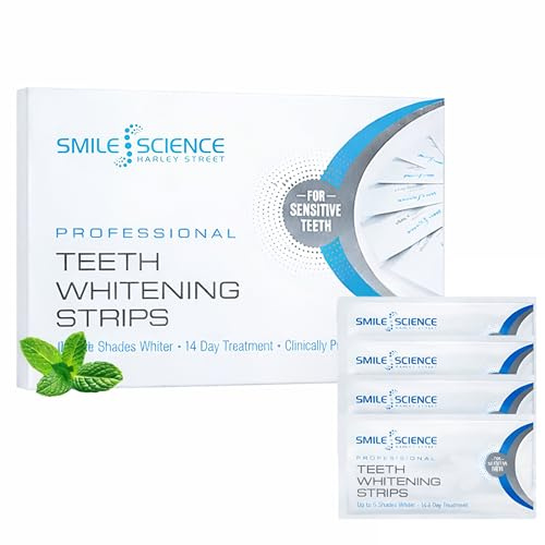 Smile Science Harley Street Professional Teeth Whitening Strips for Sensitive Teeth - Peroxide-Free Formula Removes Coffee & Wine Stains - Enamel Safe, Vegan, Mint Flavour - 28 Strips (14 Treatments)