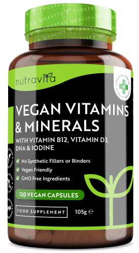Vegan Multivitamins & Minerals - Essential Mix to Support a Vegan Diet - 4 Month Supply of High Strength Vitamin B12, Vitamin D3, DHA, Iodine, Iron & Zinc - Made in The UK by Nutravita
