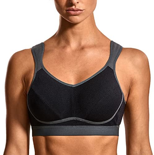 SYROKAN Women's Comfort Sports Bra High Impact for Large Breasts Wireless Stretch Support Bounce Control Black/Grey-1 34E