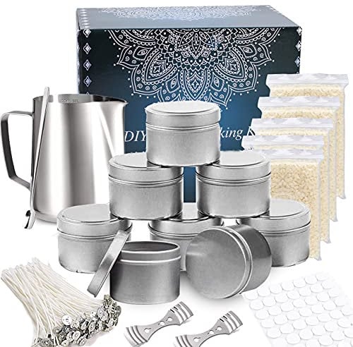 TEPENAR Kit de fabricación de velas para adultos – Suministros completos de velas de cera de soja con 8 tarros, olla resistente al calor, mechas, cera de abeja, calcomanías y herramientas para mujeres
