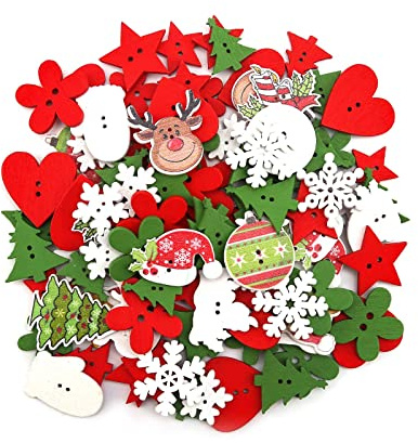 SAVITA 100 Stück Weihnachtsknöpfe aus Holz, Nähknöpfe Flatback-Knöpfe mit 2 Löchern für DIY Art Crafts Project, Weihnachtsdekoration, Gemischte Größen und Stile