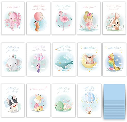 Geburtstagskarte Glückwunschkarten Set mit 14 Geburtstagskarten Klappkarten mit Umschlägen zarte süße Tiermotive Happy Birthday für Erwachsene Frau Kinder Mädchen Jungen Geburtstag Wünsche