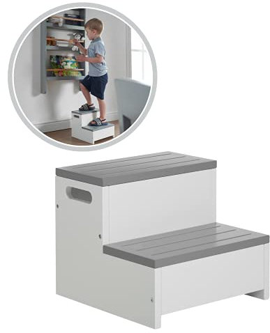 Taburete para Niños Haus Projekt en Blanco/Gris, Robusto Taburete con Dos Escalones, Taburete para Niños de Aprendizaje Montessori, Taburete Antideslizante, Step up Stool