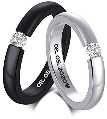FLHEART Personalisierte Eheringe für Sie und Ihn, Individuell Versprechen Ring Einzeln Kubischer Zirkoniumdioxid Edelstahl Eheringe Set Herren Damen Freund Freundin, Geschenkidee für Geliebte