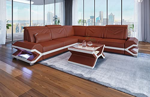 Sofa Sorrento in L Form als Ecksofa mit Bettfunktion zum Schlafsofa Ledersofa mit LED Licht Moderne Couch (ohne Bettfunktion, Hellbraun-Weiß)