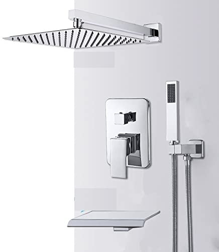 MINDONG Rubinetto per Doccia a Cascata a Pioggia per Bagno con Montaggio a Parete Set Doccia cromata a Scomparsa Sistema per Vasca da Bagno Miscelatore per Doccia Rubinetto a 3 Vie 10in watefal B