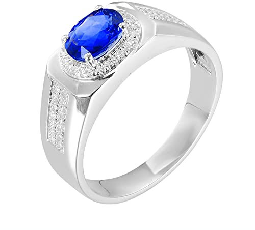 Bishilin Ring Weißgold 750 Diamant, Trauringe mit 1.18ct Oval Saphir Siegelring Verlobungsring Herren Ringe Weißgold Gr.52 (16.6)
