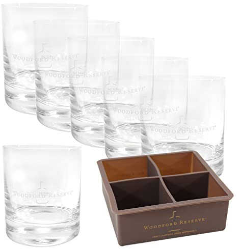 QMBasic Glas Set - 6 Whiskey-Gläser für WOODFORD RESERVE + Silikon Eiswürfel-Form