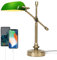 FIRVRE Grün Glas Bankers Schreibtischlampe mit 2 USB-Ladeanschluss Tischlampe Touch Control Leselampe 3 Wege dimmbare Bürolampe mit verstellbarem Arm für Home Office Arbeitsplatz Bibliothek Klavier