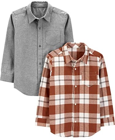 Simple Joys by Carter's Jungen Langärmliges, gewebtes Hemd, 2er-Pack, Grau/Maronibraun Karo, 2 Jahre