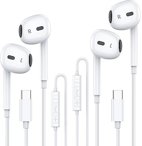 MOSWAG 2 Pack USB C Headphones, In Ear Type C Earphones with Microphone for iPhone 15 Plus Pro Max, Samsung S23/Note 20/Pixel 7 Macbook Pro and Other Smartphones with USB C Interface