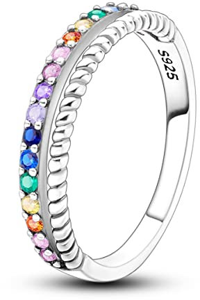 NARMO 925 Ring Sterling Silber Bunte Regenbogen Cubic Zirkonia Ringe Dünner Ring für Frauen Mädchen Größe 57mm