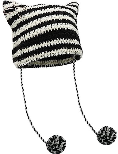 XYIYI Schwarz Weiß Häkelmützen für Frauen Fuchs Strickmütze mit Pompons Grunge Goth Zubehör Slouchy Beanies für Damen Mädchen