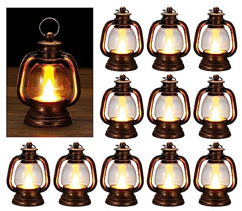 PATIKIL 12 Pack Mini Lantern mit Flackernde LED Kerze 4 Retro Gold | Vintage Kerze Laternen, Hängende Dekorativ, für Mittelstück Halloween Weihnachten Party