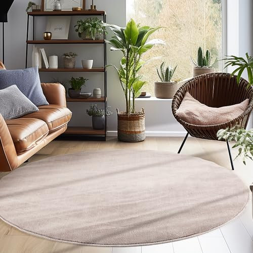 Carpettex Teppich Wohnzimmer Anti-Rutsch Teppich Waschbar in Waschmaschine 200 cm Rund Beige - Moderner Flauschiger Kurzflor Teppich Extra Weich Schlafzimmer Küche Flur Esszimmer Kinderzimmer