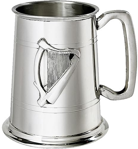 Pewter 1 Pint Tankard Raised Irish Harp Badge Double Line Detail to Top and Bottom of Tankard Perfect for Engraved Personalised Gifts for Men and Women