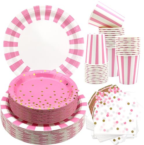 Obussgar Juego de Vajilla de Rayas Rosas Incluye Platos, Servilletas, Vasos de Papel para Fiestas de Cumpleaños, Graduaciones, Bodas, Baby Showers (Rosa 40)