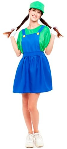 Acan Tradineur - Disfraz de fontanera verde para adulto, 100% poliéster, incluye gorro, camiseta y peto, atuendo de carnaval, Halloween, cosplay (Mujer, Talla M)