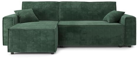 BAÏTA Mira 4 Seater Corner Sofa Bed with Reversible Corner Storage Chest in Green Corduroy