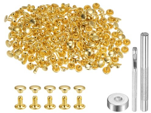 QUARKZMAN 200 Juegos Remaches de Cuero 6 x 6 mm Remaches de Metal de Doble Tapa con Broches de Presión y 3 Herramientas de Instalación para Cuero Manualidades Tono Dorado