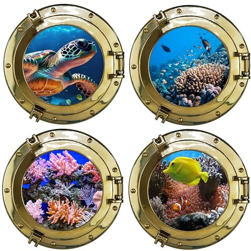 EANAGO 4er Set großes (25 cm) Wandtattoo Bullauge Unterwasserwelt - Deko für Badezimmer oder Kinderzimmer - Wandsticker Wandaufkleber 3D