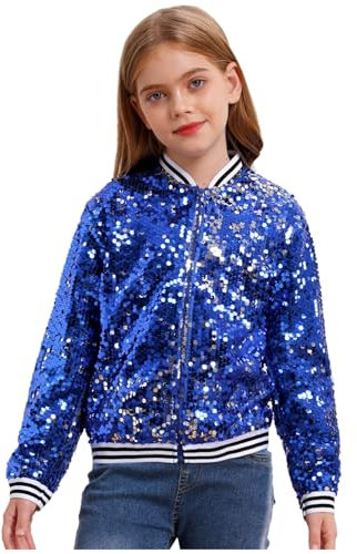 dPois Mädchen Glitzer Jacke Oberteil Pailletten Bomberjacke Sweatjacke Ohne Kapuze Zipper Baseball Jacke Kinder Teenager Kleidung Königsblau 170