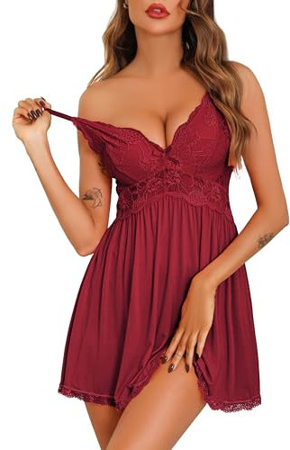 Vlazom Women Nighties, Elegant Lingerie for Ladies Nightdress Lace Chemise Slip Dress V Neck Babydoll Sleepwear Wine Red,M