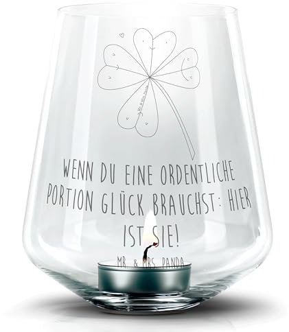Mr. & Mrs. Panda Gravur Windlicht Blume Kleeblatt - Geschenk, Glücksbringer, Pflanzen, Teelichthalter, Kerzenglas mit Gravur, Glück, Teelichter,