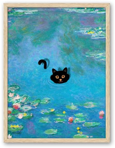 UPWOIGH Natural Oak Beige Wood Framed Wall Art,12x16in(30x40CM),Claude Monet Water Lily Black Cat Swimming Print Poster, Cute Animal Picture, Funny Cat Art for Bedroom Bathroom, 1Pack Gift