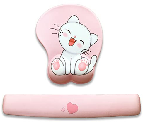 Cute Pink Keyboard Wrist Rest and Mouse Support pad Set, Anime Kawaii Desk Accessories, 3D with Ergonomic Gel pad, Easy Typing, Gaming(cat-Pink), 10.23'' * 8.46''