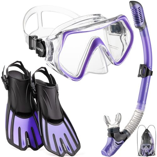 CAPAS Schnorchelset mit Flossen, Schnorchelausrüstung in Reisegröße für Erwachsene mit kurzen verstellbaren Schwimmflossen, Hochresistente Tauchermaske und Dry Top Schnorchel, mit Tragetasche