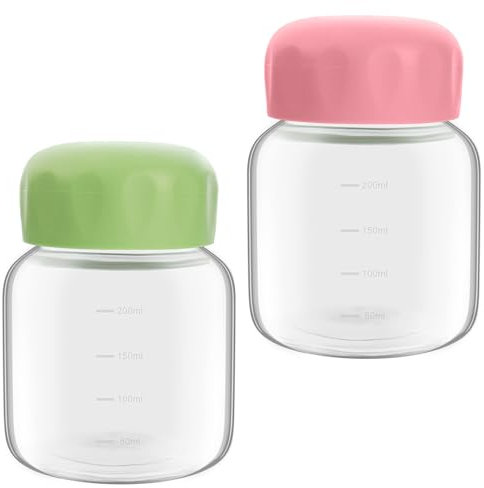 MEIYOUJU AM Lot de 2 petites bouteilles d'eau en verre transparent de 300 ml avec couvercle, anti-fuite, jolies bouteilles d'eau avec échelle pour jus, lait, boissons aux fruits, stockage des boissons