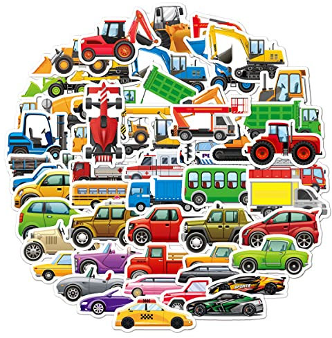 100 Stück Fahrzeug Aufkleber für Kinder - Wasserdichte Cartoon Auto, LKW, Bus Sticker für Wasserflasche, Scrapbook, Laptop, Skateboard - Teenager Geeignet