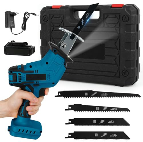 Sega a Gattuccio Compatibile con Makita 18V, Seghetto con Serratura di Sicurezza e Luce a LED, Velocità Variabile 0-3000 SPM, 4 Lame (con 1.5 Ah Batteria e Caricabatteria)