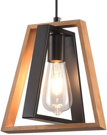 Mikeru Industrial Pendant Light, 24cm Kitchen Island Wooden Pendant Light, Vintage Farmhouse Chandelier, Black Metal Chandelier, Height Adjustable 1.2M, Suitable for Kitchen, Farmhouse, Cafe