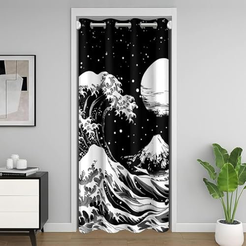 Homemissing Rideau de Porte Japonais pour la Vie privée de Rideaux de Porte 150x203cm d'onde Japonais Montagne Fuji Placard Couvre - Porte Rideau Oriental Lune Blanc Noir