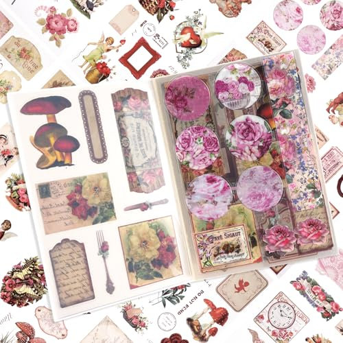 Scrapbooking Sticker, 168 Stück/20 Blatt Scrapbook Stickers, PET Scrapbooking Aufkleber, Vintage Scrapbook Zubehör für Journaling Bullet Kalender Notizbuch Fotoalbum DIY Dekoration (Rote Serie)